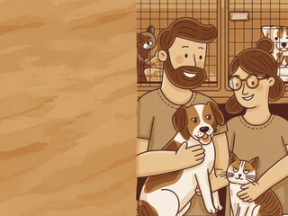 Drawn animal shelter scene with couple adopting a dog and cat