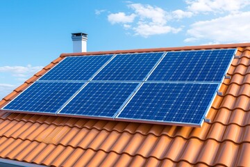 A house with a solar panel on its roof, generating renewable and clean energy.
