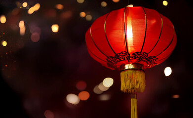 Obraz premium Chinese red lanterns on the night of the happy Chinese New Year decorate the streets.