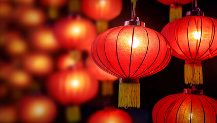 Chinese red lanterns on the night of the happy Chinese New Year decorate the streets.