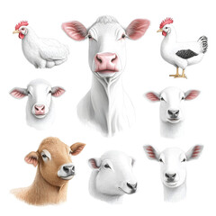 Animals meet types ink illustrations set, hand drawn illustrations 