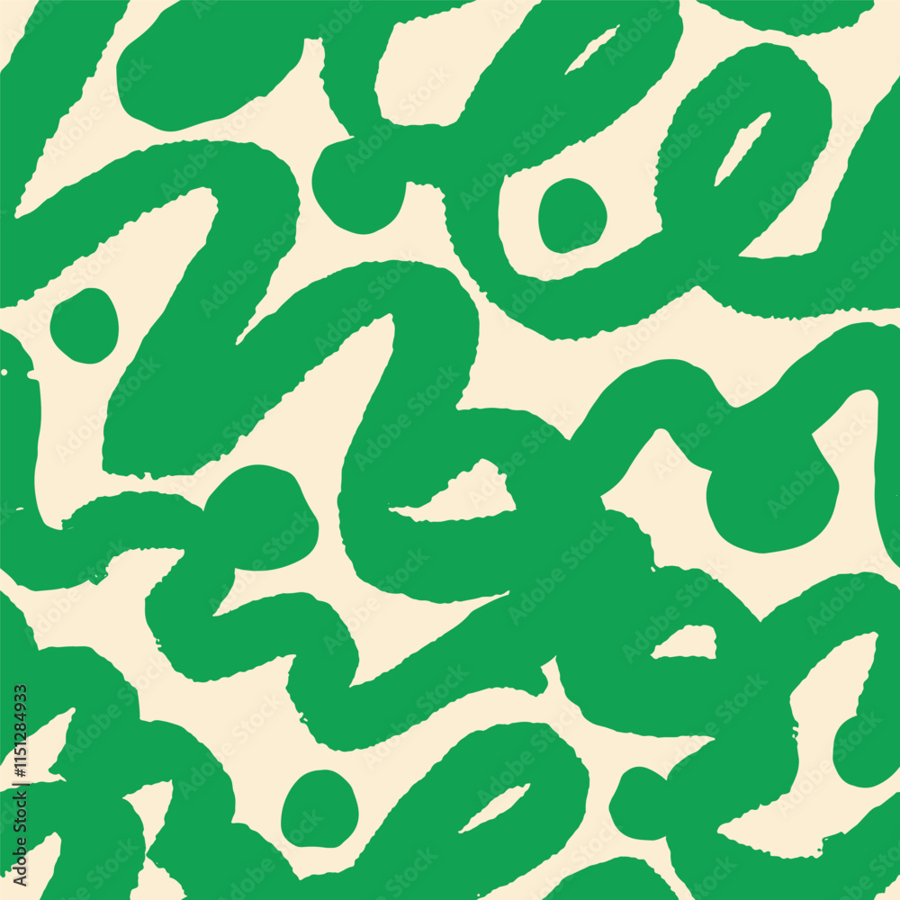 Poster Seamless abstract pattern. Dynamic doodle texture design with freehand scribbles, squiggles, and waves. Repeating print, modern background with brushstroke curves. Colored flat vector illustration