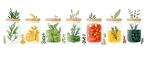 Minimalist illustration of medicinal plant extracts in jars, showcasing herbs and vitamins, flat vector style on a clean white background
