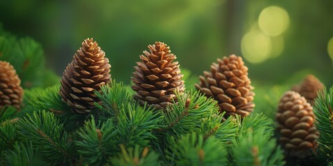 Fototapeta premium Close up view of Nordmann Fir cones found in a lush, green coniferous forest. These distinctive pine cones reflect the beauty of the evergreen woodland environment.