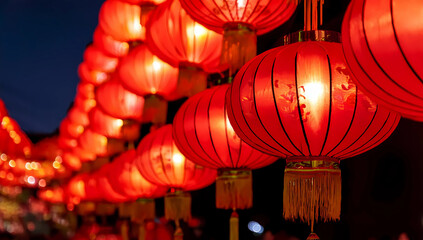 Chinese red lanterns on the night of the happy Chinese New Year decorate the streets.