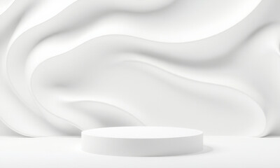 white podium stands against backdrop of smooth, flowing curves, creating minimalist and elegant scene. soft shadows and gentle waves add depth and texture to composition