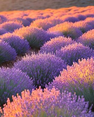 Naklejka premium Sunrise over a lavender field, soft golden light illuminating the purple blooms, perfect for a serene and peaceful wallpaper
