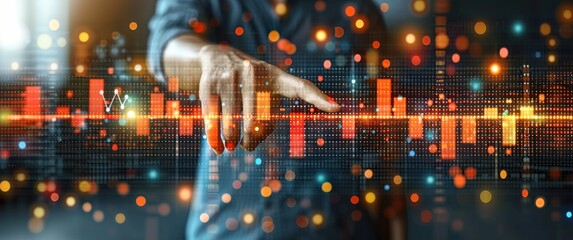 Data analyst interacts with financial graphs on a digital screen in an office setting during the late evening