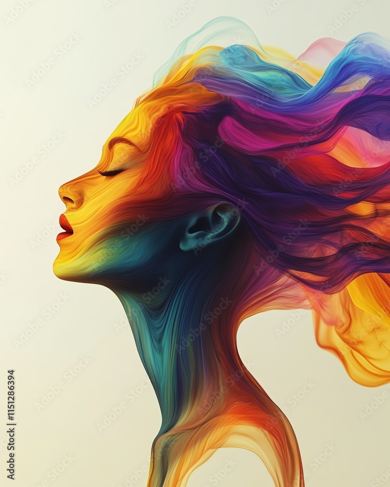 Poster surreal depiction of a woman s head dissolving into a rainbow flow, with vibrant hues merging and fa