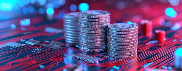 A visual of digital currency with shining cryptocurrency coins on a circuit board, indicating investment and blockchain technology.