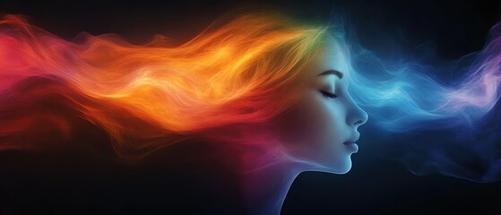 Obraz premium Surreal image of a womans head dissolving into a rainbow flow, with soft gradients and fluid motion, ideal for creative and artistic visuals