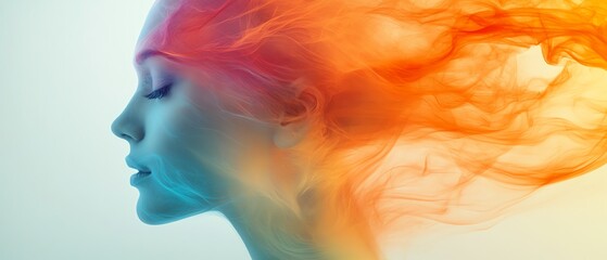 Surreal image of a womans head dissolving into a rainbow flow, with soft gradients and fluid motion, ideal for creative and artistic visuals