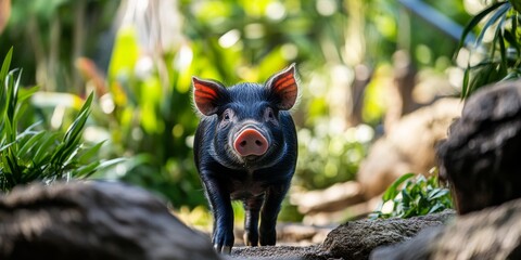Obraz premium adorable little black pig at a zoo, showcasing the charm of the little black pig. The little black pig stands out in its environment, appealing to visitors and animal lovers alike.