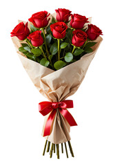 Bouquet of red roses wrapped in beige paper with a red ribbon isolated on a transparent background, Perfect for valentine, anniversary or romantic occasions