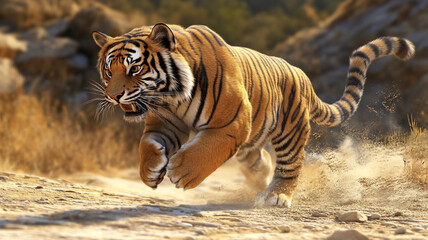 Obraz premium running tiger during mid-day in a mountain with a eye-level angle 