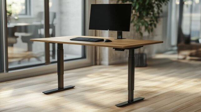 Modern adjustable height standing desk with computer setup in a bright office.
