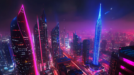 Fototapeta premium Futuristic Metropolis at Night, Illuminated by Neon Lights. An aerial view of a vibrant metropolis at night, showcasing towering skyscrapers bathed in vibrant neon lights – predominantly pink and blue