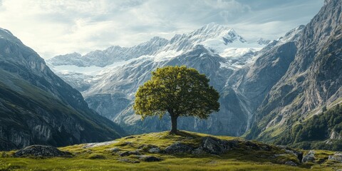 Bizarre tree stands alone amid snow capped mountains, creating a striking contrast. This bizarre tree enhances the atmospheric green landscape in the mountainous scenery.