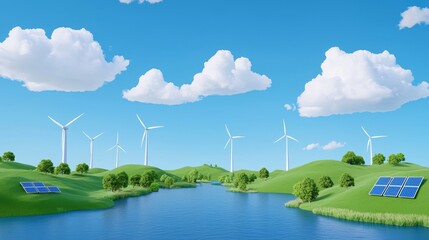 Obraz premium Wind turbines and solar panels generating power near a river.