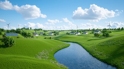 Naklejka premium A riverbank site with wind turbines and solar arrays for power generation.