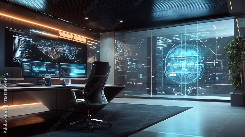 Poster high-tech office with large screens displaying global network data for futuristic design advanced te