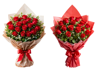 Beautiful bouquet of red roses wrapped in a paper with red ribbon isolated on a transparent background, Romantic gift or present for valentine, anniversary