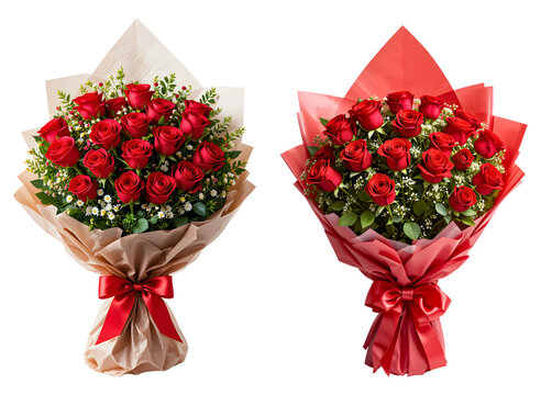 Beautiful bouquet of red roses wrapped in a paper with red ribbon isolated on a transparent background, Romantic gift or present for valentine, anniversary - Powered by Adobe