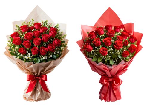 Beautiful bouquet of red roses wrapped in a paper with red ribbon isolated on a transparent background, Romantic gift or present for valentine, anniversary