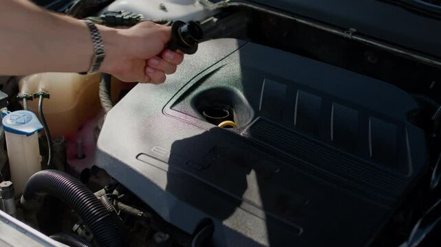 Guy opens oil filler cap of car to check fluid condition