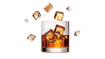Whiskey on the Rocks: A close-up shot of a glass of amber whiskey with ice cubes floating above it. The ice cubes are suspended in mid-air, creating a sense of motion and refreshment.