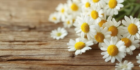 Obraz premium Chamomile blossoms on a wooden surface are ideal for aromatic therapy, natural skincare, and holistic healing, enhancing wellness with their soothing properties.