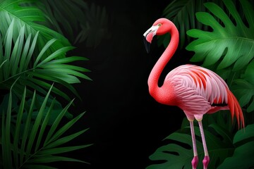 Fototapeta premium Standing in a lush tropical jungle is a pink flamingo.
