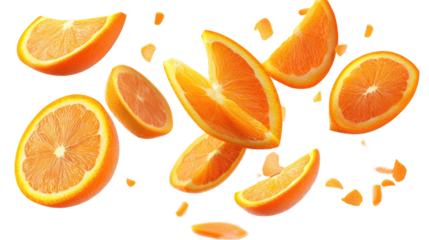Orange Slices Suspended in Mid-Air: A vibrant arrangement of fresh orange slices frozen in mid-air, capturing the essence of juicy citrus with a burst of color and energy.  