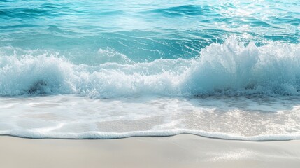 Fototapeta premium Gentle waves of the blue ocean caress the sandy beach, creating a serene atmosphere. The soft wave of the blue ocean brings peace to this picturesque beach setting. Selective focus enhances the