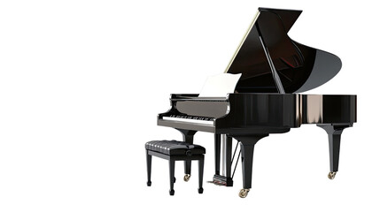 Grand Piano Elegance: A pristine black grand piano, with its lid open, stands poised for a musical masterpiece. Its polished finish and intricate details create a sense of refined artistry.