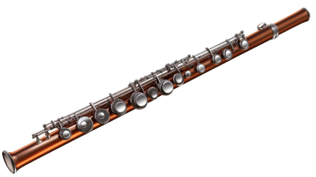 Classic Wooden Flute: A traditional, wooden flute with silver keys, a timeless instrument ready to play beautiful melodies.
