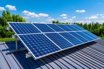 Rows of solar panels on a rooftop, capturing sunlight to generate clean energy for a sustainable and green way of living. Concepts: renewable energy, solar power, sustainability, green energy,