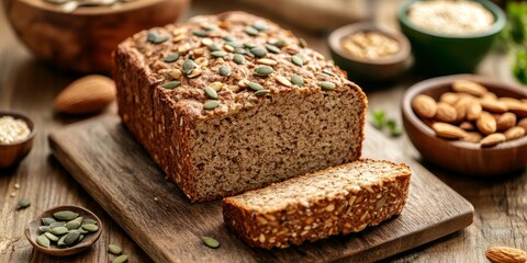 Quark protein bread made with oat bran, lupine flour, almond, pumpkin seeds, and other healthy ingredients provides a nutritious option for a low diet, beautifully arranged on a wooden table.