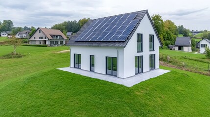 Obraz premium Sunset over rooftop solar panels. Highlighting clean energy, sustainable living, and home solar power systems.