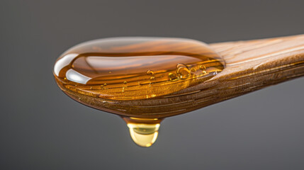 Detailed macro shot of golden honey dripping from a textured wooden spoon, showcasing its glossy,...