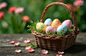A wicker Easter basket filled with decorated eggs featuring floral patterns, on a wooden surface. Soft focus, blurred background