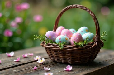 A wicker Easter basket filled with decorated eggs featuring floral patterns, on a wooden surface. Soft focus, blurred background