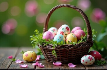 A wicker Easter basket filled with decorated eggs featuring floral patterns, on a wooden surface. Soft focus, blurred background