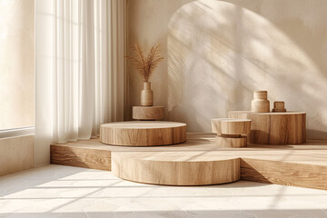 Wooden Podium for Product Presentation with Leafs Plants