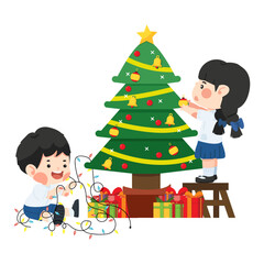 Kids Decorating Christmas Tree with Lights and Ornaments