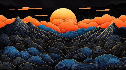 Fototapeta premium Vibrant Sunset Over Mountainous Landscape in Tranquil Scene