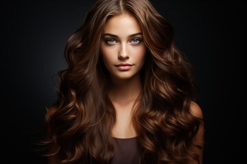 Fototapeta premium A woman with brown long hair. Portrait of a young model. A beautiful girl with a face dollike shows off her perfect hairstyle