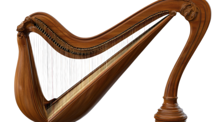 Elegant Wooden Harp: A detailed close-up of a classic wooden harp, showcasing its intricate carvings and graceful curves. The warm tones of the wood are beautifully highlighted.