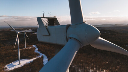 close up of wind turbine nacelle at wind farm in Maine, USA