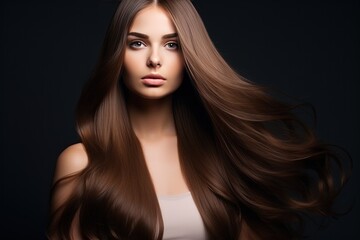 Fototapeta premium A portrait of a young woman with voluminous brown hair and striking features that attract attention. Fashion model portrait. A girl shows off the health and natural shine of her hair